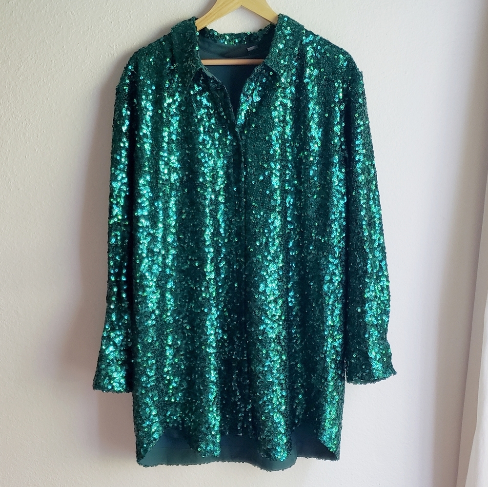 Vici Sequin Shirt Dress Mini Tunic Jacket Emerald Green Extra Large XL Oversized